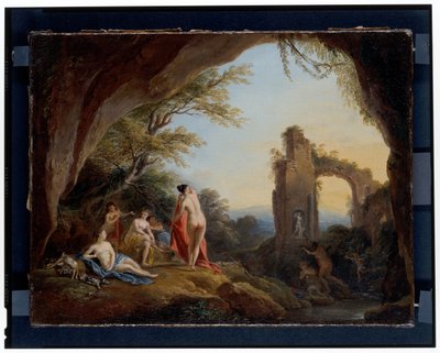 Nimfy i satyry w krajobrazie rzecznym Diana i Akteon w krajobrazie z ruinami autorstwa Jean-Baptiste Lallemand