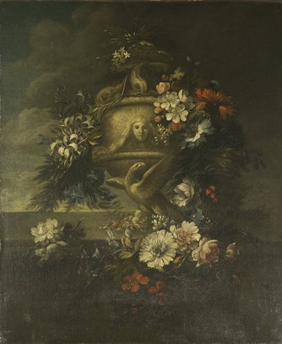 Kwiaty w rzeźbionym wazonie (olej na płótnie) autorstwa Jean Baptiste Monnoyer