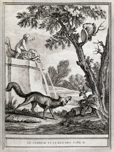 Wrona i lis, ilustracja Jean-Baptiste Oudry (1686-1755) do bajki Jeana de La Fontaine (1621-1695) autorstwa Jean Baptiste Oudry