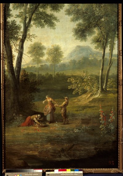 Pięć zmysłów: „” zapach”” Detal panelu dekoracyjnego autorstwa Jeana Baptiste Oudry (1686-1755) 1749 Versailles, musee du chateau. autorstwa Jean Baptiste Oudry
