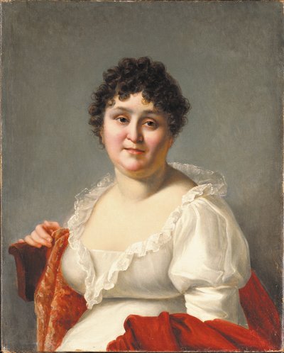 Portret Madame Regnault, do biustu, w białej sukni i persimmonowym szalu (olej na płótnie) autorstwa Jean Baptiste Regnault