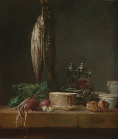 Martwa natura z rybą, warzywami, gulaszem, garnkami i naczyniami na stole autorstwa Jean-Baptiste Simeon Chardin