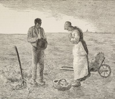 Angelus, para rolników na polach, rycina z obrazu Jean-Francois Milleta (1814-1875), francuskiego malarza, z L