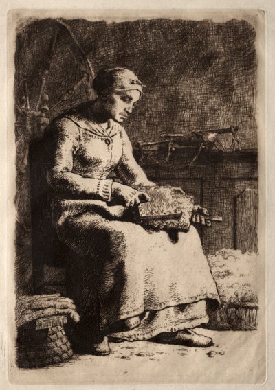 Kobieta kartkująca (akwaforta) autorstwa Jean-Francois Millet
