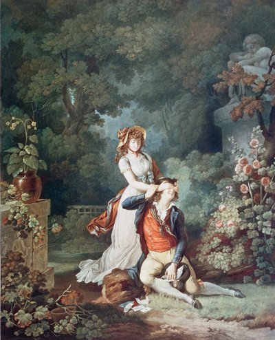 Zaskoczony kochanek, rytowany przez Charlesa Melchiora Descourtisa (1753-1820) (kolor grawerowany) autorstwa Jean Frederic (after) Schall