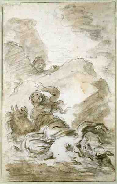 Angelica dociera do brzegu, gdzie czeka pustelnik (kreda, długopis, tusz i pranie na papierze) autorstwa Jean Honore Fragonard