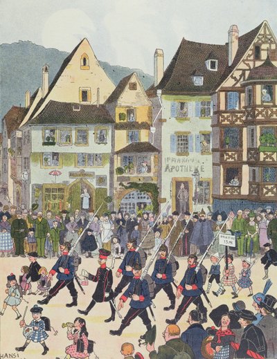 Herr Forstner opuszcza Saverne ze swoimi żołnierzami po zakupie czekolady w 1913 roku, ilustracja z „Histoire d