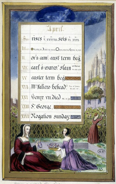 Kwiecień: Panie w ogrodzie (Byk) - faksymile Godzin Anny z Bretanii, Jean Bourdichon autorstwa Jean (after) Bourdichon