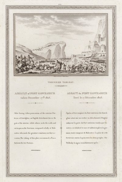 Zdobycie fortu Gawilghur przez Brytyjczyków pod dowództwem Artura Wellesleya, II wojna Anglo-Marashtra, Indie autorstwa Jean (after) Duplessi Bertaux