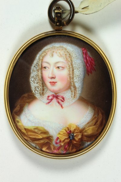 Dama w pomarańczowym gorsetu na białej koronkowej koszulce (emalia) autorstwa Jean (circle of) Petitot