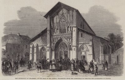 Arcybiskup Chambery, na czele swojego duchowieństwa, wychodzący z katedry, aby zagłosować za przyłączeniem do Francji autorstwa Jean Adolphe Beauce