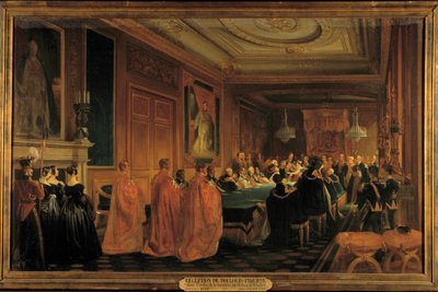 Królowa Wiktoria (1819-1901) przyjmująca króla Ludwika Filipa I (1773-1850) jako rycerza w zakonie Jarretiere, w zamku Windsor autorstwa Jean Alaux