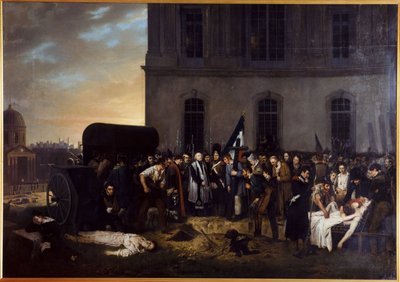 Tymczasowy pochówek ofiar lipca przed kolumnadą Luwru autorstwa Jean Alphonse Roehn