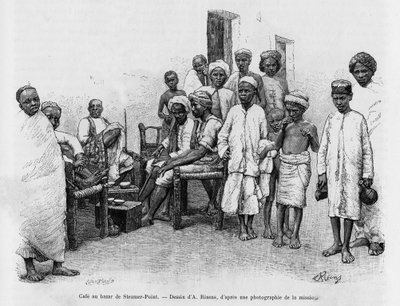 Kawiarnia w Steamer Point Bazaar, Aden, Jemen. Grawerowanie A.Rixensa ilustrujące historię A Suse, journal des excavilles autorstwa Jean Andre Rixens