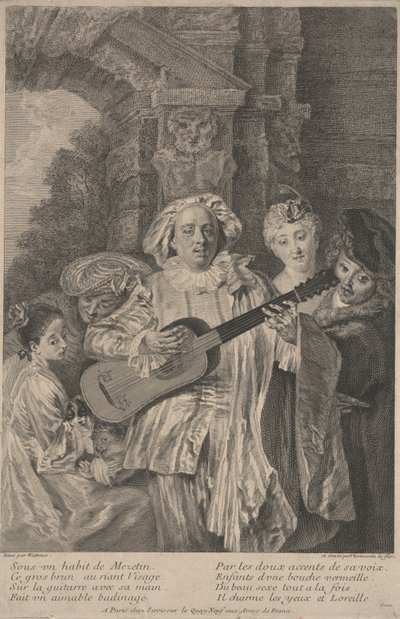 W kostiumie Mezetin, grafika wykonana przez Henri Simon Thomassin c.1717-1726 (akwaforta) autorstwa Jean Antoine (after) Watteau