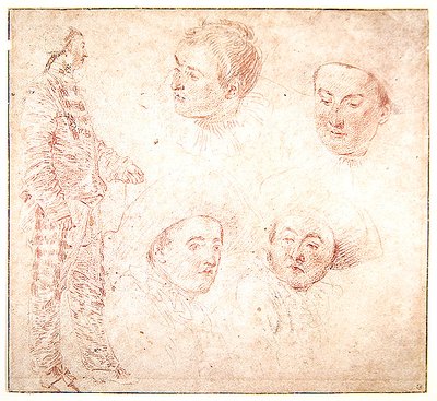 Postać i cztery głowy (czerwona kreda na papierze) autorstwa Jean Antoine Watteau