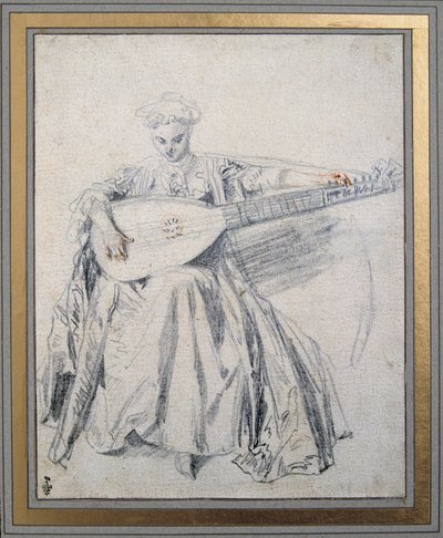 Lutniarz Rysowanie kopalni ołowiu i krwi, Jean Antoine Watteau (1684-1721) XVIII-wieczne muzeum Chantilly Conde autorstwa Jean Antoine Watteau