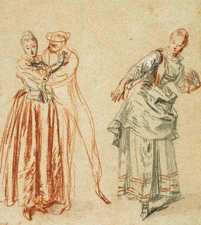 Scena z komedii dell"arte: Dziewczyna przeciwstawiająca się zalotom komika i aktorka wykonująca krok, c.1718 autorstwa Jean Antoine Watteau