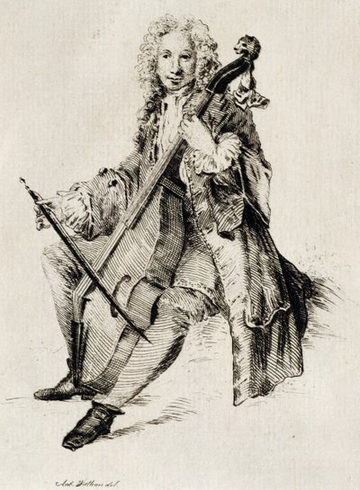Wiolonczelista, Jean Antoine Watteau (1684-1721), grawerowanie, Francja autorstwa Jean Antoine Watteau