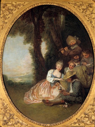 Koncert szampański czy „Oczekiwana deklaracja”. Młoda para w miłości rumieni się. Obraz w stylu rokoko autorstwa Jeana Antoine Watteau (1684-1721) autorstwa Jean Antoine Watteau