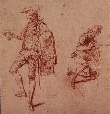 Rysunek młodego mężczyzny stojącego i innego klęczącego (papier kredkowy) autorstwa Jean Antoine Watteau