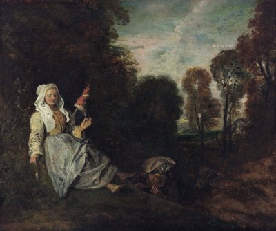 Wieczorny pejzaż z prządką, ok. 1715 (obraz) autorstwa Jean Antoine Watteau