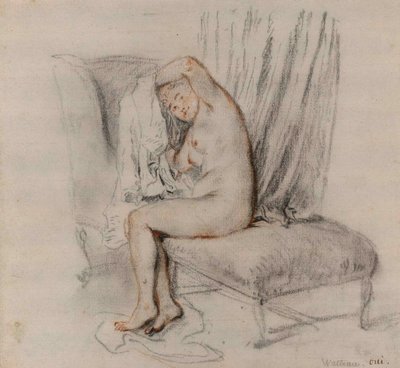 Naga kobieta zdejmująca koszulkę, ok. 1717 r. autorstwa Jean Antoine Watteau