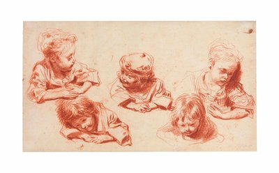 Pięć badań dzieci (czerwona kreda na papierze) autorstwa Jean Antoine Watteau