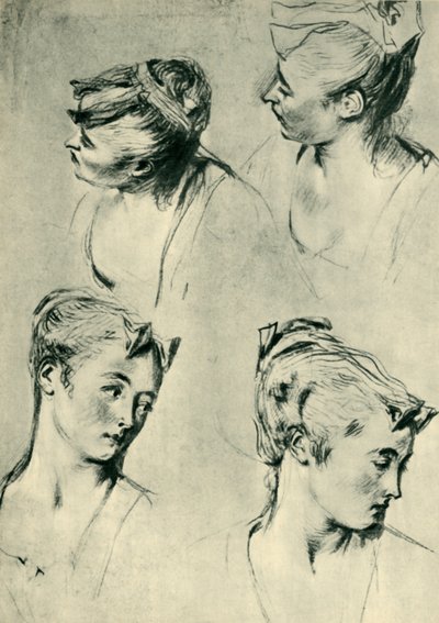 Cztery badania głów kobiecych, początek XVIII w., 1943 r. autorstwa Jean Antoine Watteau