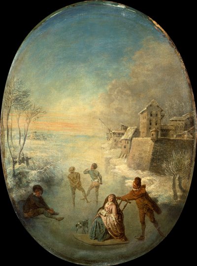 Dżentelmen na lodzie przy otoczonym murem mieście zimą (olej) autorstwa Jean Antoine Watteau