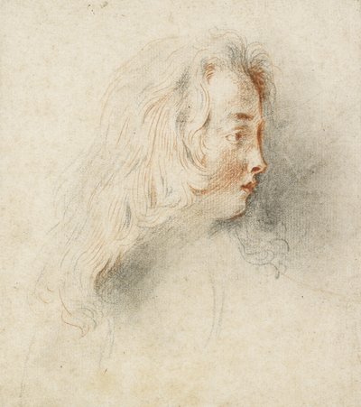 Głowa chłopca z profilu (czarno-czerwona kreda na poplamionym papierze w kolorze złamanej bieli) autorstwa Jean Antoine Watteau