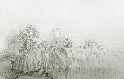 Dom na skraju stromego klifu (czerwona kreda na papierze) autorstwa Jean Antoine Watteau