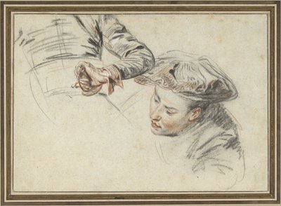 Głowa mężczyzny z beretem i ręką na rękojeści autorstwa Jean Antoine Watteau