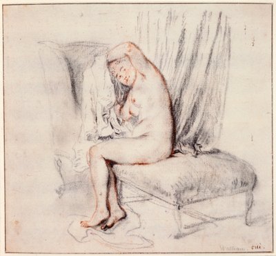 Naga kobieta siedząca na szezlongu, zakładająca koszulę, XVIII wiek. autorstwa Jean Antoine Watteau