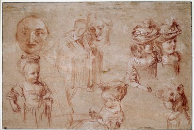 Maska Pierrota, pięć dziewczyn w biuście, męska zasłona i twarz kobiety. Rysowanie żywopłotu z krwi i kredy – Jean Antoine Watteau (1684-1721) XVIII w. Niedz. 0,27x0,4 m Paryż, Musee du Louvre autorstwa Jean Antoine Watteau