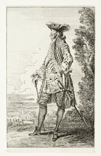 Stojący mężczyzna w kapeluszu, zwrócony w lewo, z Figures de Modes autorstwa Jean Antoine Watteau