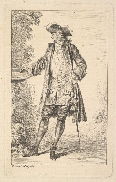 Stojący mężczyzna z prawą ręką wspartą o miskę, ukazany w trzech czwartych z..., ca. 1710. autorstwa Jean Antoine Watteau