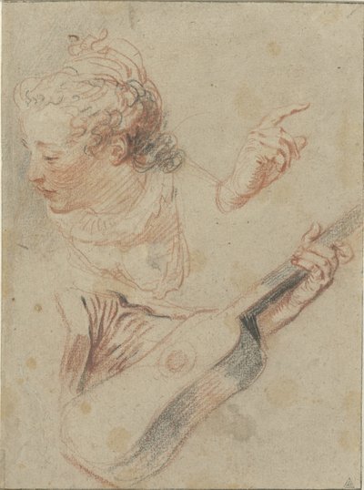 Arkusz do nauki ze spuszczoną głową dziewczyny, gitarą i rękami, które na nich grają autorstwa Jean Antoine Watteau