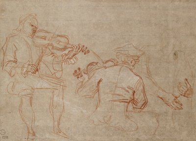 Studium dwóch skrzypków i pary rąk trzymających ramię po prawej stronie, ok. 1716 r. autorstwa Jean Antoine Watteau