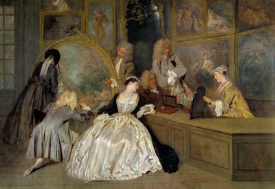 Wybór. Właściwy szczegół znaku Gersaint. Postacie w sklepie artystycznym wybierają prace, które chcą kupić. Edme Francois Gersaint (1694-1750), malarz malarstwa, którego galeria znajduje się w Paryżu na moście Notre-Dame. Obraz Jeana Antoine