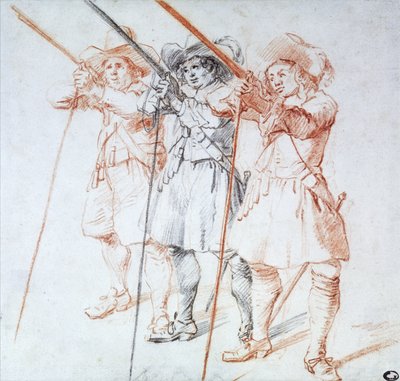 Trzej arkebuzerzy, 1712 (czarna i czerwona kreda na papierze) autorstwa Jean Antoine Watteau
