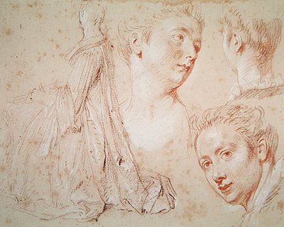Trzy głowy i siedząca kobieta, ok. 1716 (kredka z czarno-czerwoną kredą na papierze) autorstwa Jean Antoine Watteau