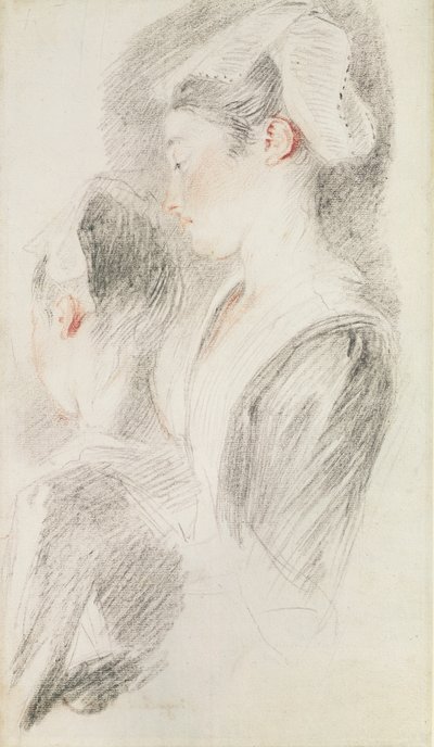 Dwa studia kobiety, w trzech czwartych od tyłu, jedno z profilu (sangwina i czarna kreda na papierze) autorstwa Jean Antoine Watteau