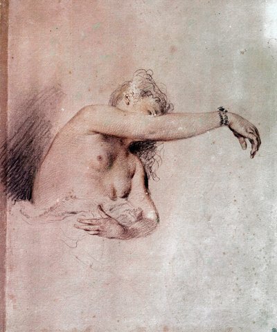 kobieta naga, z podniesionym ramieniem Rysowanie krwi – Jean Antoine Watteau (1684-1721) XVIII w. Niedz. 0,28x0,23 m Paryż, Musee du Louvre autorstwa Jean Antoine Watteau