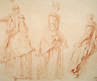 Trzy kobiety, jedna siedząca po prawej stronie (czerwona kreda na papierze) autorstwa Jean Antoine Watteau