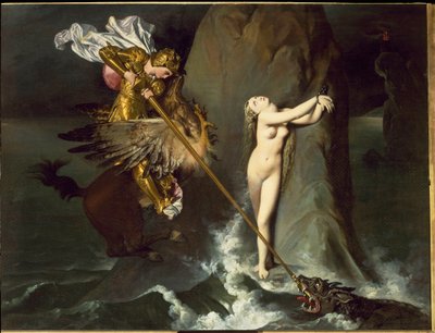 Angelica zostaje wyzwolona przez Rogera (Ruggero, Ruggiero) Jazda na hipopazuru (z Furious Orlando autorstwa Ludovico Ariosto) - olej na płótnie autorstwa Jean Auguste Dominique Ingres