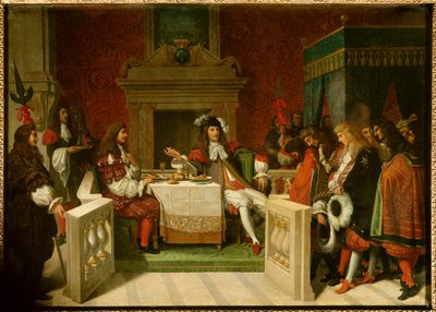 Ludwik XIV i Moliere: Król Ludwik XIV (1638-1715) i Jean Baptiste Poquelin dit Moliere (1622-1673) przy stole przed dworzanami. Obraz Jeana Auguste Dominique Ingres (1780-1867) autorstwa Jean Auguste Dominique Ingres