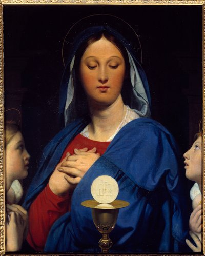 Dziewica ma gospodarza. Symbole komunii: Przedmiot Eucharystii (hostia jako ciało Chrystusa i wino z kielicha jako Jego krew). Obraz Jeana Auguste Dominique Ingres (1780-1867) autorstwa Jean Auguste Dominique Ingres