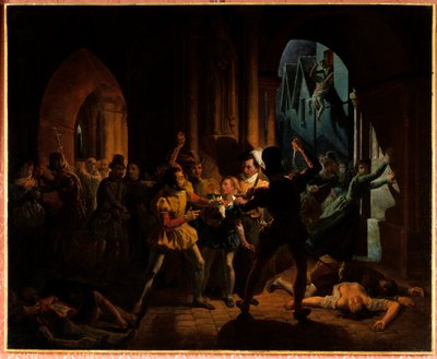Maksymilian z Bethune ucieka przed masakrą św. Barthelemy. Maksymilian z Bethune (który został księciem Sully 1559-1641), wychowany na kolegium burgundzkim w Paryżu, został uratowany przez Henryka z Nawarry (1553-1610) (wówczas króla Henryka IV) i został j autorstwa Jean Auguste Dubouloz