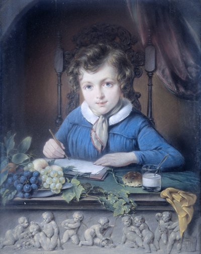 Portret chłopca siedzącego w niszy okiennej i noszącego niebieską kurtkę autorstwa Jean Augustin Daiwaille (attributed to)